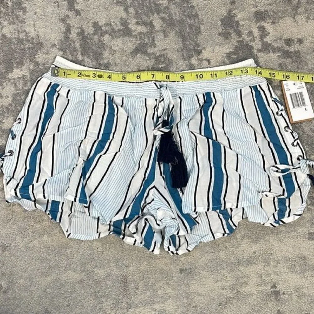 NWT Surf Gypsy Printed Side Lace Up Swim Cover Up Shorts Stripe Beach Blue Sz L
